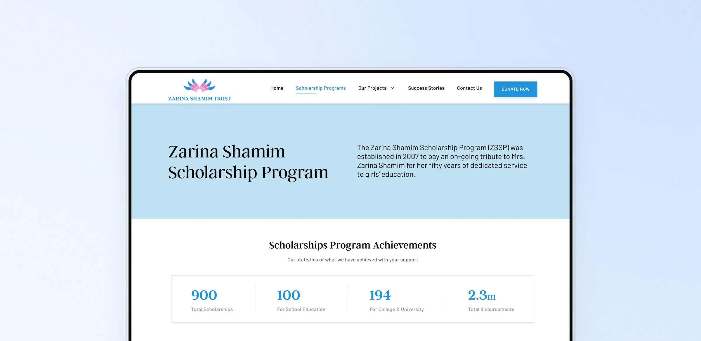 Zarina Shamim Trust interface detail